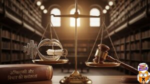 An antique brass scale symbolizing the balance of Freedom of Speech in India, with a glowing feather representing free expression on one side and a judge's gavel representing legal restrictions on the other.