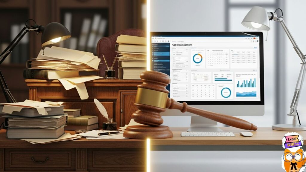 A split image showing the modernization of the Indian judiciary from paper files to technology