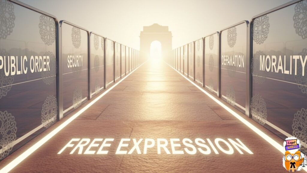 A symbolic illustration showing the legal limits on Freedom of Speech in India, represented by a path of 'Free Expression' bordered by fences labeled with reasonable restrictions like 'Public Order' and 'Security.'