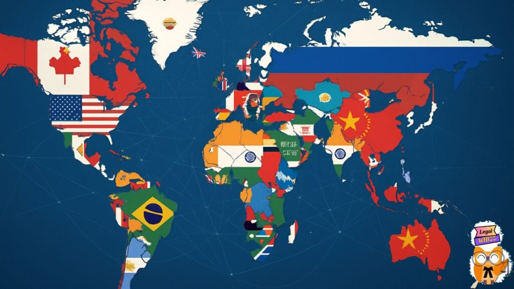 A stylized world map providing a global context for Freedom of Speech in India by comparing its legal approach to that of other nations like the USA, UK, and China.