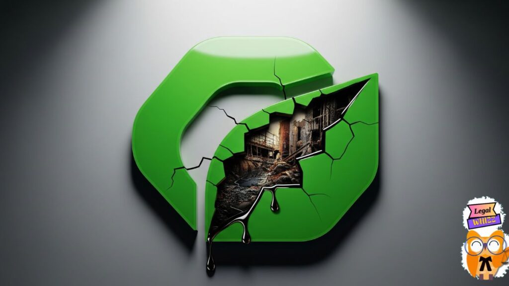 A glossy green corporate logo shaped like a leaf is visibly cracked, revealing a dark, polluted, and crumbling interior with industrial elements and dripping black liquid, highlighting the deception of greenwashing while not actually doing ESG compliance.