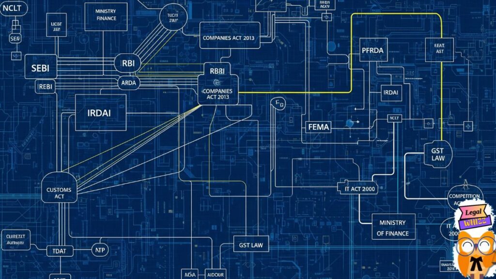 An intricate, technical blueprint or circuit board shows a network of interconnected lines and pathways, with key components labeled 'SEBI', 'RBI', 'Companies Act 2013', and other regulatory bodies, representing India's complex ESG compliance regulatory framework