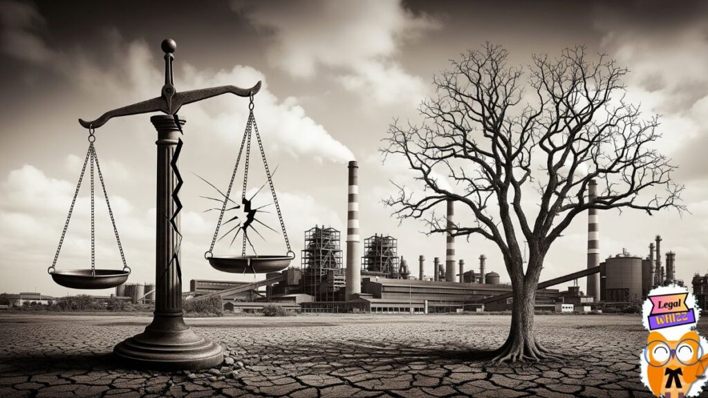 A sepia-toned, dramatic image featuring a large industrial plant with smoking chimneys in the background. In the foreground, a broken scale of justice and a single, leafless tree stand on cracked earth, symbolizing the legal and environmental consequences of the Vedanta Sterlite Copper Plant case.