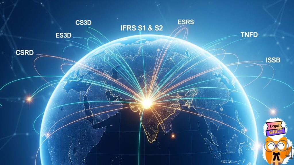 A stylized digital globe with a bright, glowing map of India at its center. Clean, luminous data streams and lines labeled 'IFRS S1 & S2', 'CS3D', 'ESRS', 'TNFD', 'ISSB', and 'CSRD' converge on India, representing the country's integration with global ESG compliance standards, with an optimistic feel.