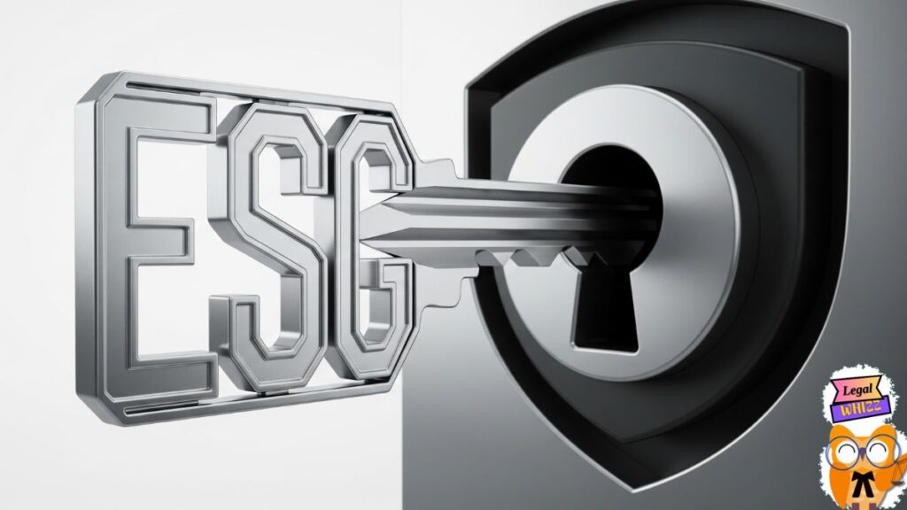 A stylized, metallic key with its grooves shaped into the letters 'ESG' is shown turning in a modern, dark, and sleek lock that is part of a corporate shield, symbolizing ESG compliance as the key to business longevity and trust.