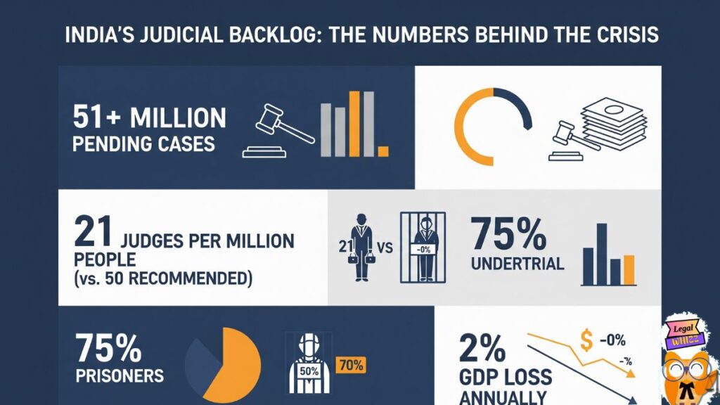 An infographic showing the key statistics behind judicial pendency in India.