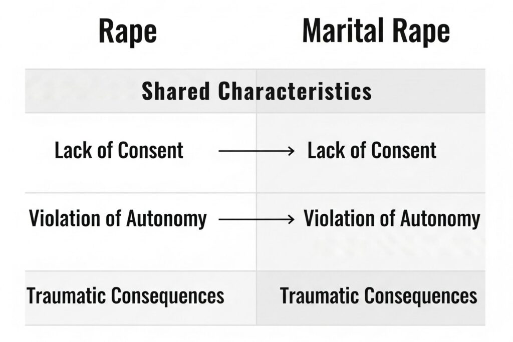 Comparison chart illustrating the shared characteristics of rape and marital rape in India: Lack of Consent, Violation of Autonomy, and Traumatic Consequences