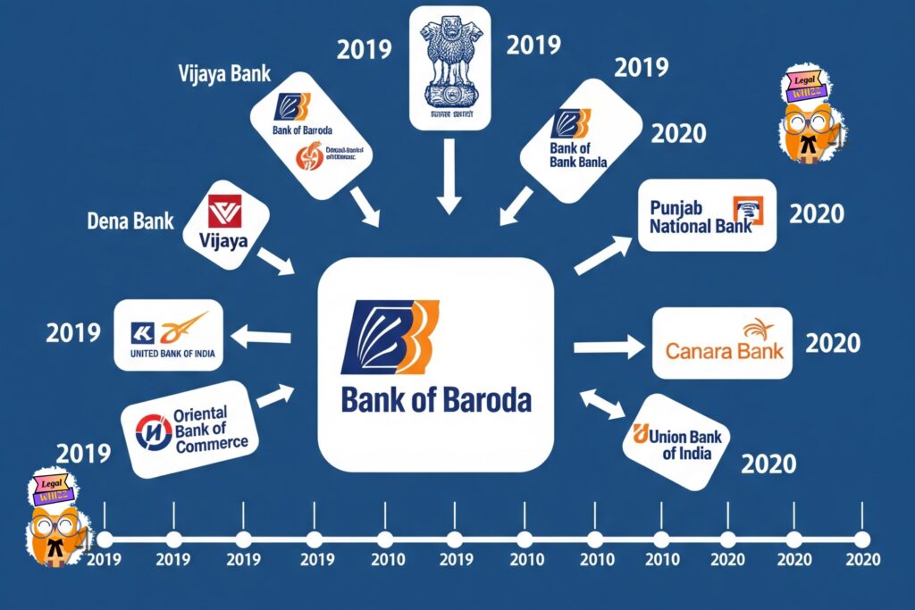 An infographic chart showing the timeline and logos of major Public Sector Bank mergers in India, illustrating the process of bank consolidation in India.