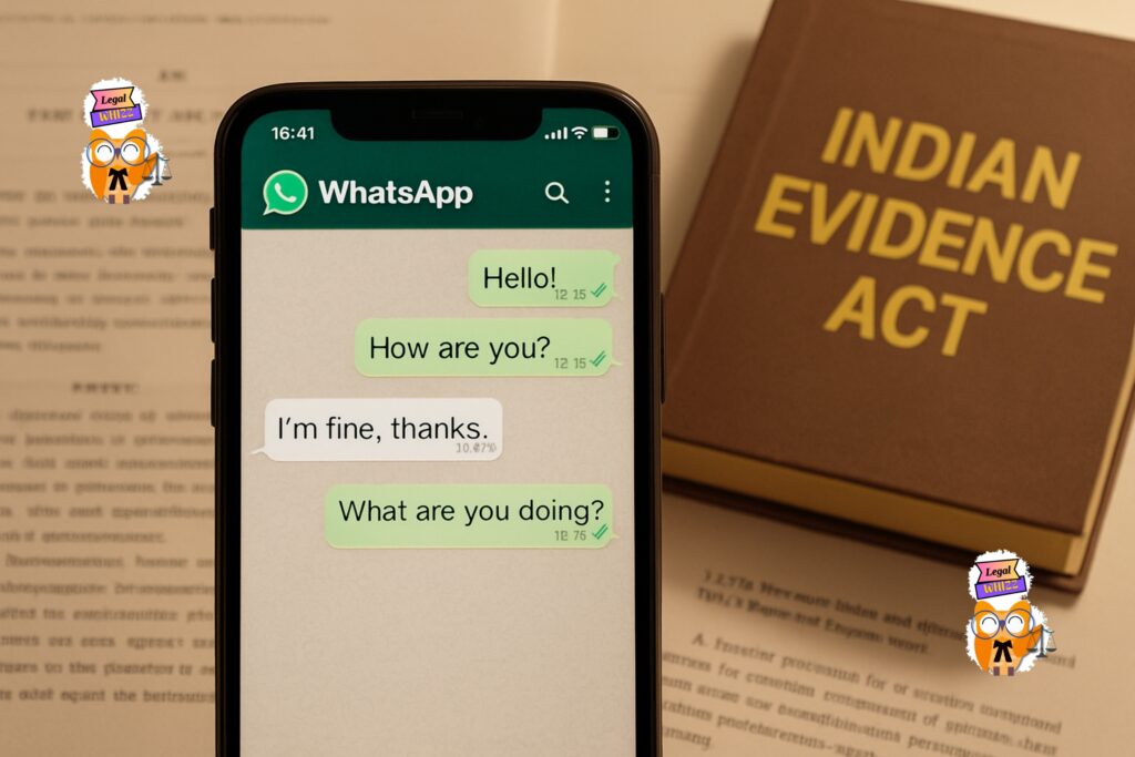 Smartphone screen showing WhatsApp chats with legal documents on Indian Evidence Act in background
