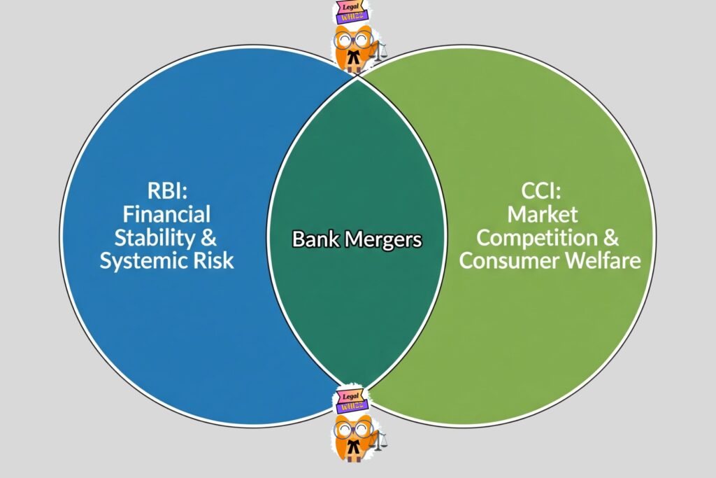 A Venn diagram showing the overlapping jurisdictions of the RBI and CCI, in regard to Bank Consolidation in India, with 'Bank Mergers' in the intersecting area between 'Financial Stability' and 'Market Competition'.