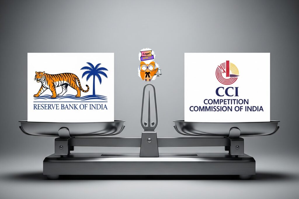 A balanced weighing scale with the RBI (Reserve Bank of India) logo on one side and the CCI (Competition Commission of India) logo on the other, symbolizing the regulatory conflict in bank mergers.