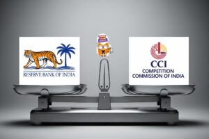 A balanced weighing scale with the RBI (Reserve Bank of India) logo on one side and the CCI (Competition Commission of India) logo on the other, symbolizing the regulatory conflict in bank mergers.