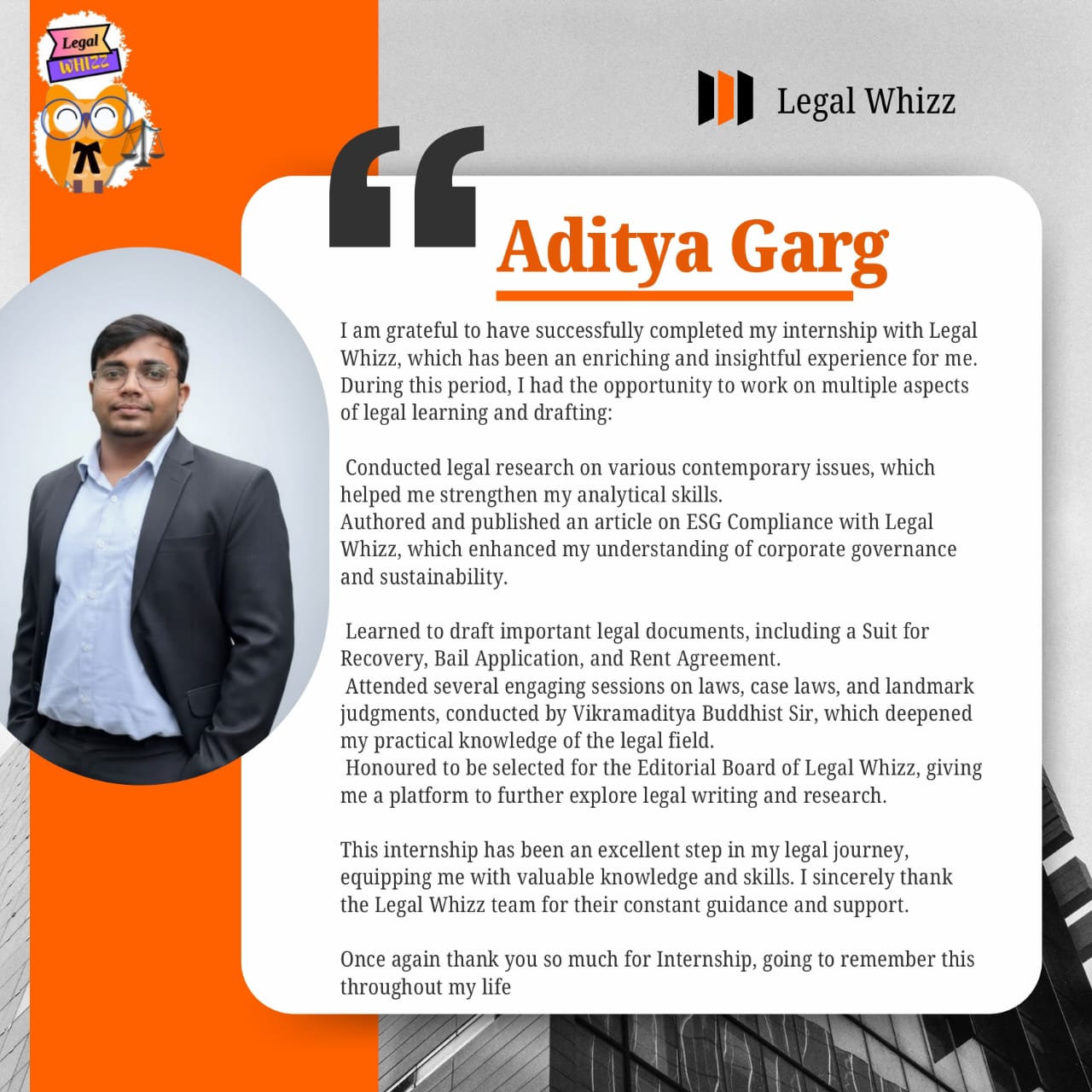 Aditya Garg testimonial about Legal Whizz