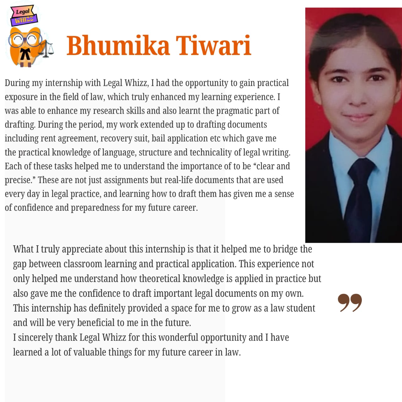 Bhumika Tewari testimonial about Legal Whizz