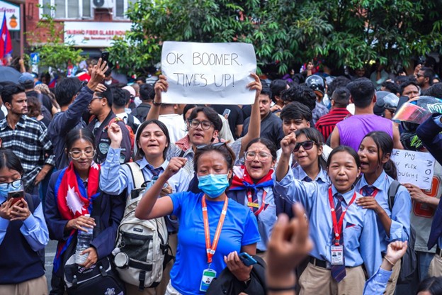 Young protesters demonstrate against corruption and the ban on social-media platforms by the government in Kathmandu, Nepal, on September 8, 2025.