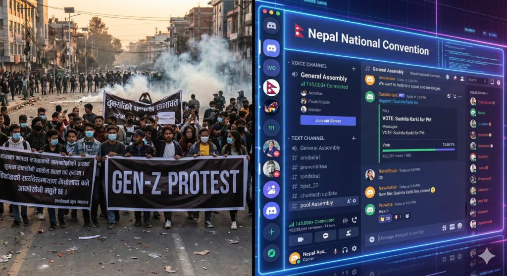 Composite image showing the Gen-Z protests in Nepal on the street alongside the digital Discord 'National Convention' used to organize the movement.
