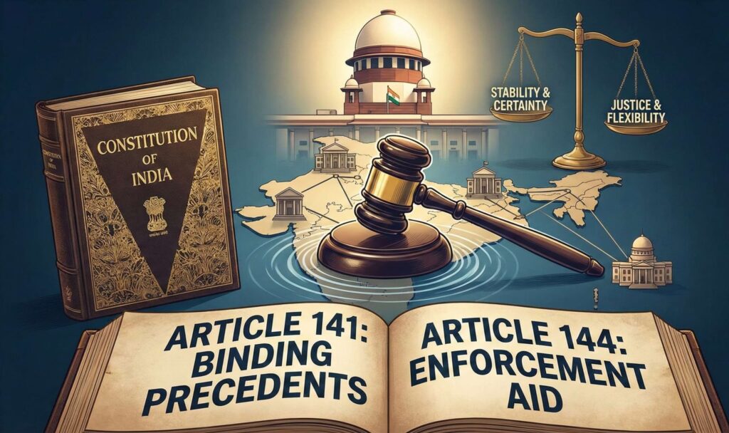 A conceptual illustration showing the Supreme Court of India building at the top, with a gavel striking a sound block in the center over a map of India. Below it, an open book displays "ARTICLE 141: BINDING PRECEDENTS" and "ARTICLE 144: ENFORCEMENT AID," and a closed book reads "CONSTITUTION OF INDIA." A balance scale shows "STABILITY & CERTAINTY" and "JUSTICE & FLEXIBILITY."