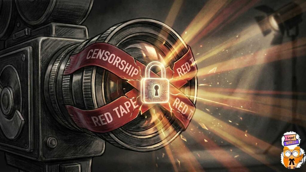 Artistic representation of censorship restricting creative freedom in digital media.