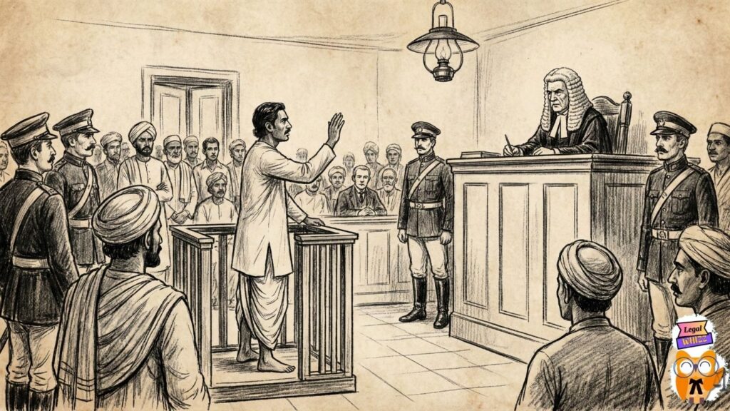 Historical sketch depicting the colonial misuse of Sedition Law Section 124A against Indian freedom fighters.