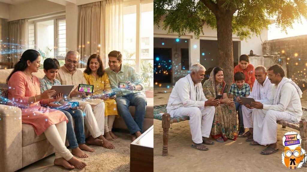 Diverse Indian audience streaming content on mobile devices in rural and urban settings.