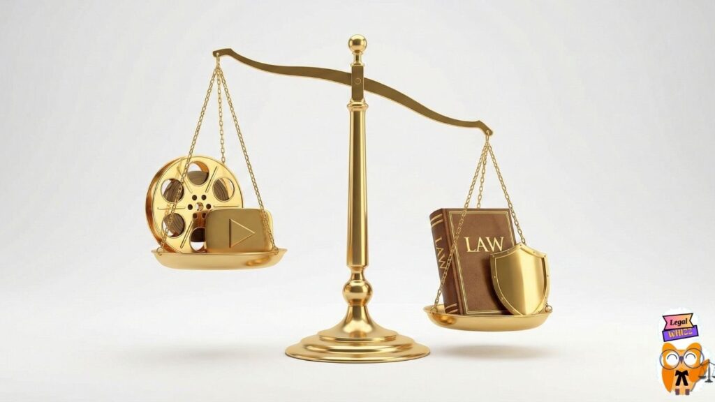 Scales of justice balancing OTT entertainment content against legal regulations