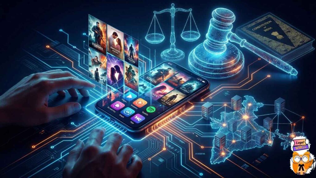 Digital streaming on smartphone with legal symbols representing OTT Platforms and Cyber Laws and regulation in India.