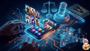 Digital streaming on smartphone with legal symbols representing OTT Platforms and Cyber Laws and regulation in India.