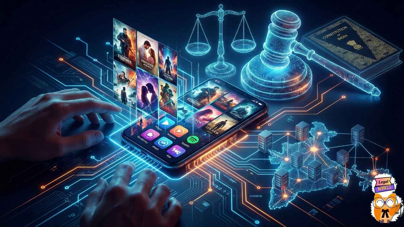 Digital streaming on smartphone with legal symbols representing OTT Platforms and Cyber Laws and regulation in India.