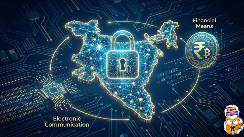 Illustration of Section 152 BNS targeting electronic communication and financial means that endanger India's unity and integrity.