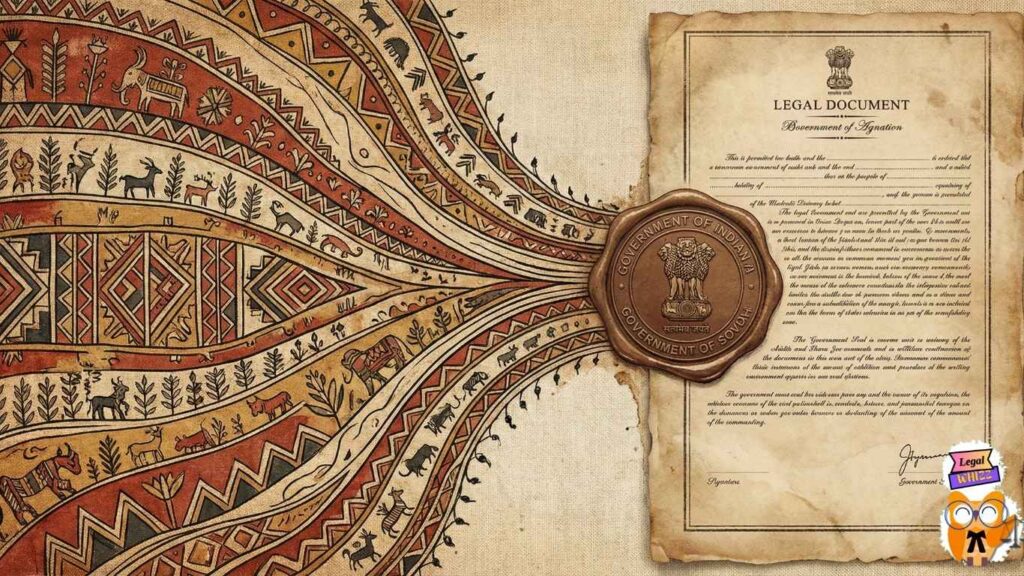 Traditional tribal art motifs representing the exemption of Scheduled Tribes from the Uttarakhand Uniform Civil Code provisions.