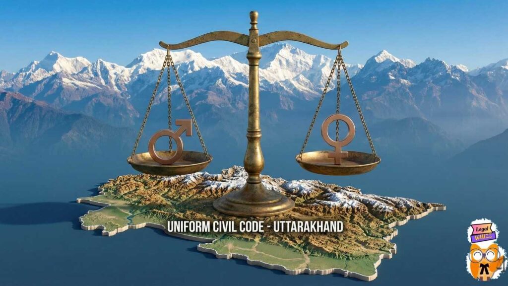 Scales of justice balanced over a map of Uttarakhand representing the Uttarakhand UCC 2024 and gender equality.