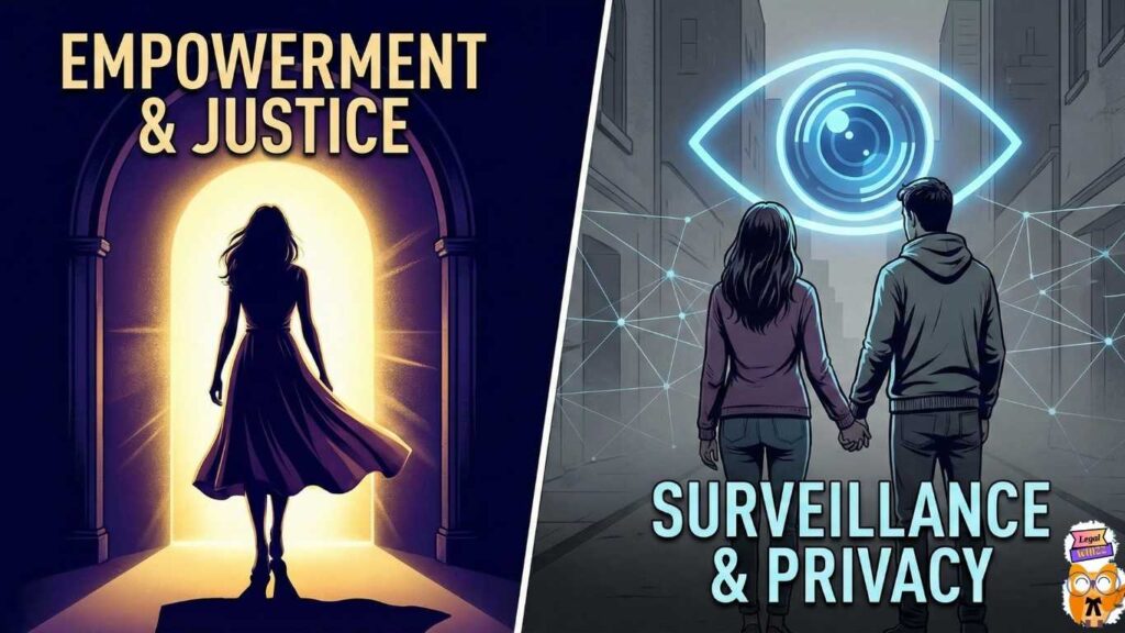 Conceptual illustration depicting the conflict between women's empowerment and state surveillance on live-in relationships under the Uttarakhand UCC.