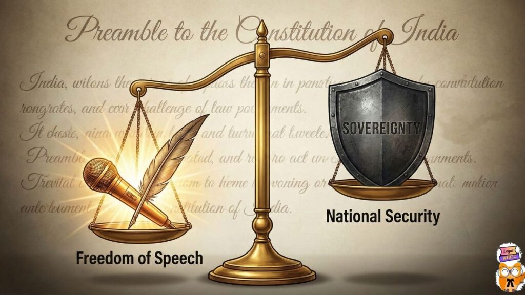 Balance scale illustrating the legal conflict between Freedom of Speech Article 19 and National Security under Section 152 BNS.