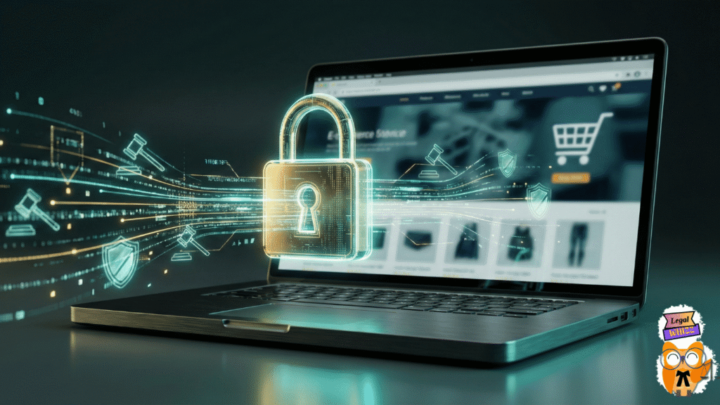 A digital concept image showing a glowing padlock securing an e-commerce website interface on a laptop screen, illustrating the protective role of IPR in digital business assets.