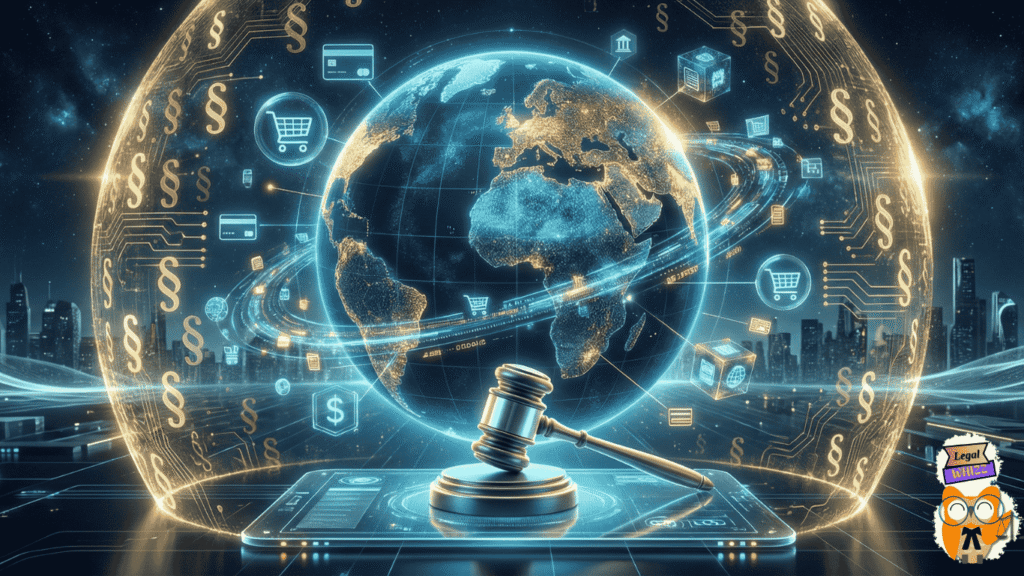A futuristic illustration showing a protective legal shield surrounding a global e-commerce network, symbolizing the importance of Intellectual Property Rights in securing digital business assets and international trade.