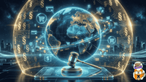 A futuristic illustration showing a protective legal shield surrounding a global e-commerce network, symbolizing the importance of Intellectual Property Rights in securing digital business assets and international trade.
