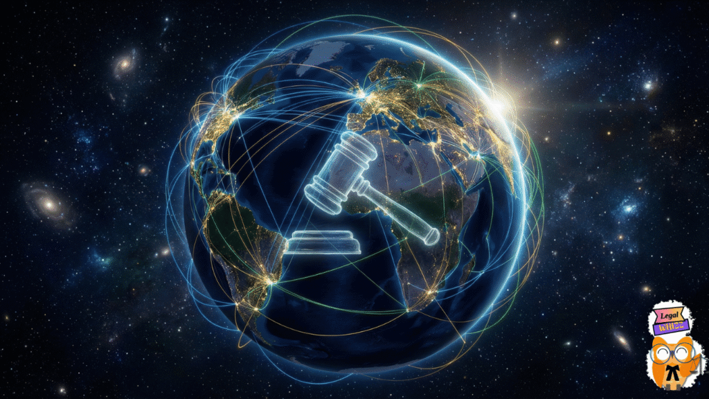 A conceptual illustration of a connected global network superimposed with a legal gavel, symbolizing the international regime and WIPO standards for intellectual property rights.