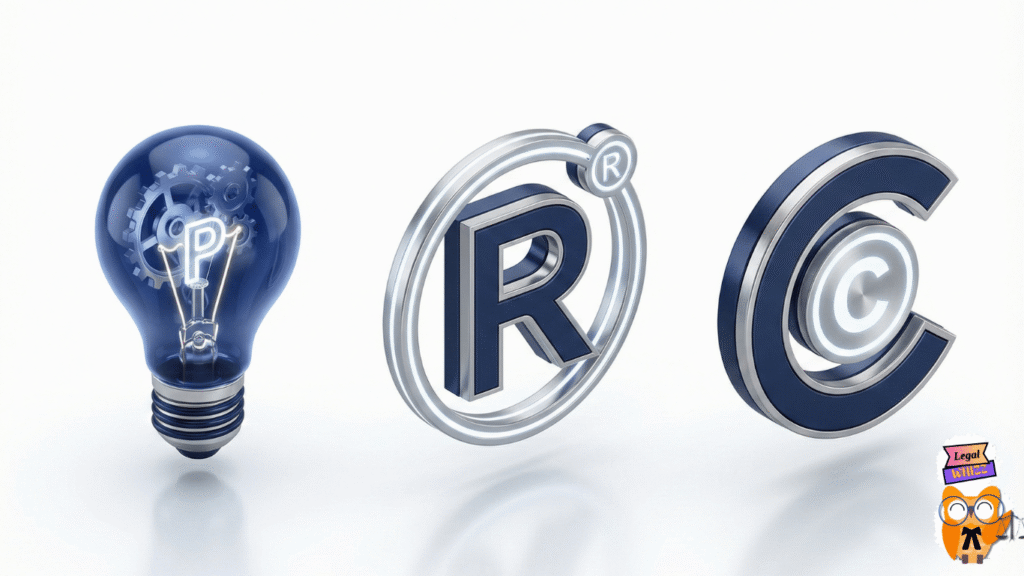 Image signifying the Three Main types of Intellectual Property Rights- Copyrights, Trademark and Patents